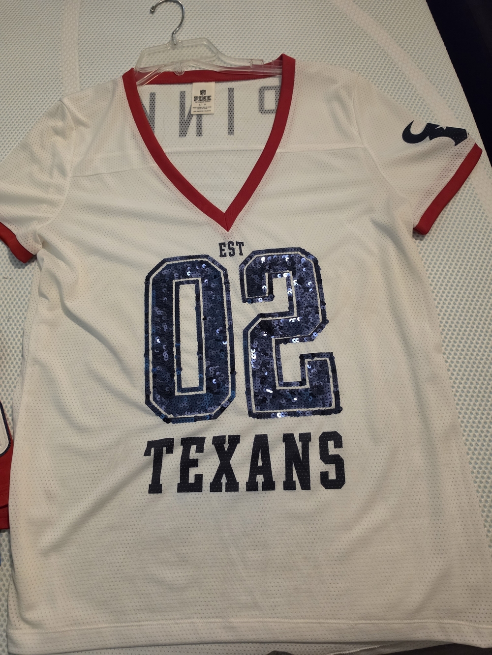 PINK Victoria's Secret White Mesh Texans Sequin '02' Jersey with Red Trim